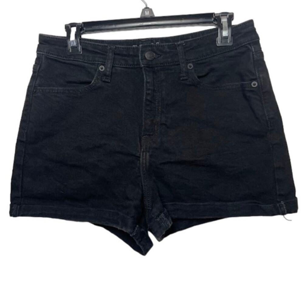 Black Denim Shorts Womens Size‎ 8 High Waist Solid Casual Jean Rolled Cuffed